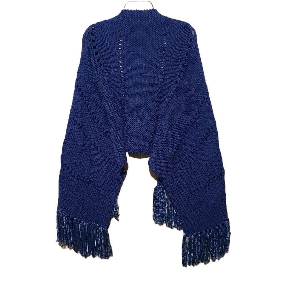 NEW Navy Blue Hand Knitted Shawl Wrap Scarf Eyelet Boho Coastal Glam Artsy Indie